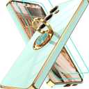 Gritup for Samsung Galaxy S24 Case: with 2Pcs Screen Protector, 360 Rotation Ring Holder Magnetic Kickstand Plating Gold Edge Soft TPU Shockproof Protective Cover for S24, Light Green