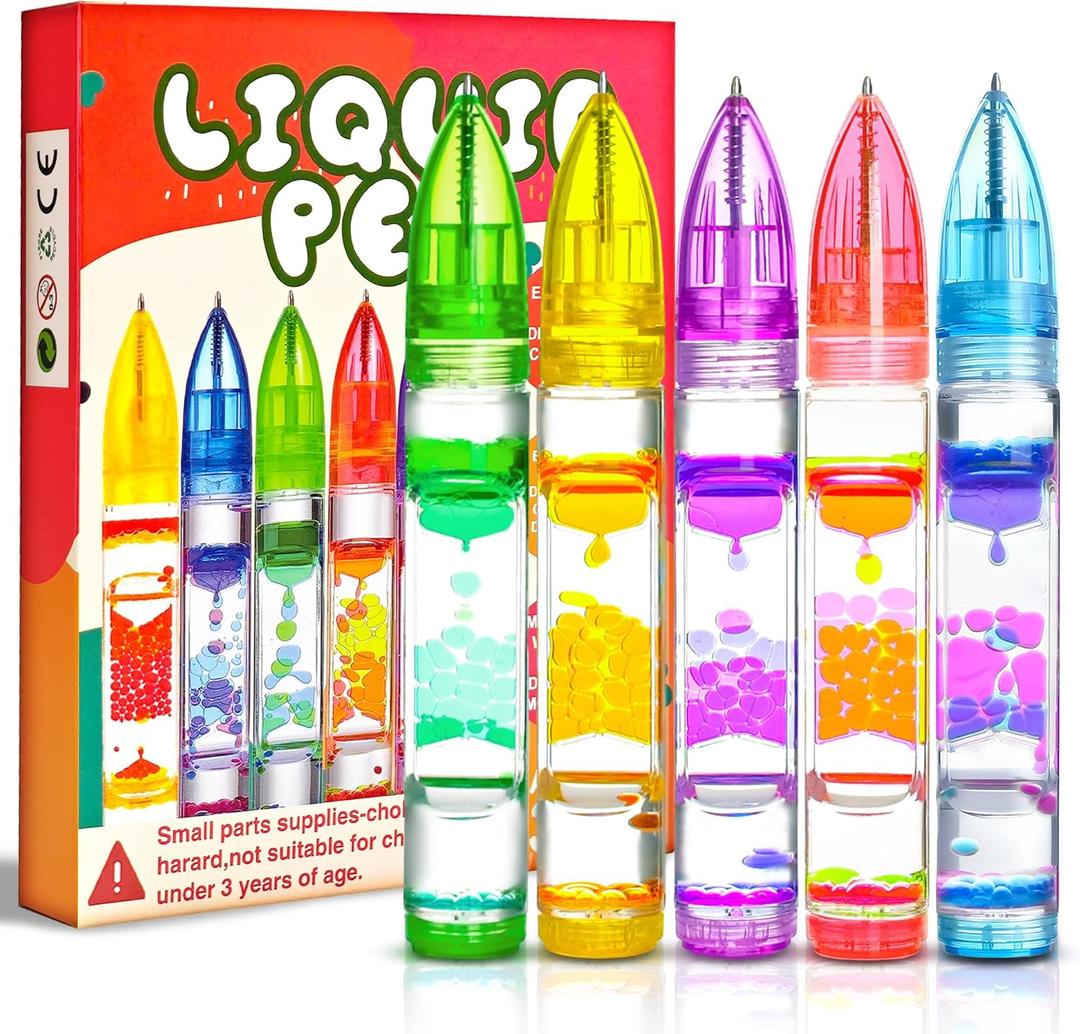 Easter Basket Stuffers for Kids, 5PC Liquid Pen Fidget Sensory Toys for Adults Classroom School Must Have Prize Treasure Box Liquid Motion Bubble Timer Lava Fun Cool Anxiety Pens Valentines Day Gifts