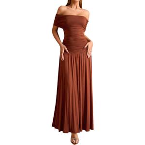 URYIAO Off The Shoulder Maxi Dress for Women Summer Ruched Bodycon Pleated Flowy Formal Wedding Guest Long Dresses (Brown, S)