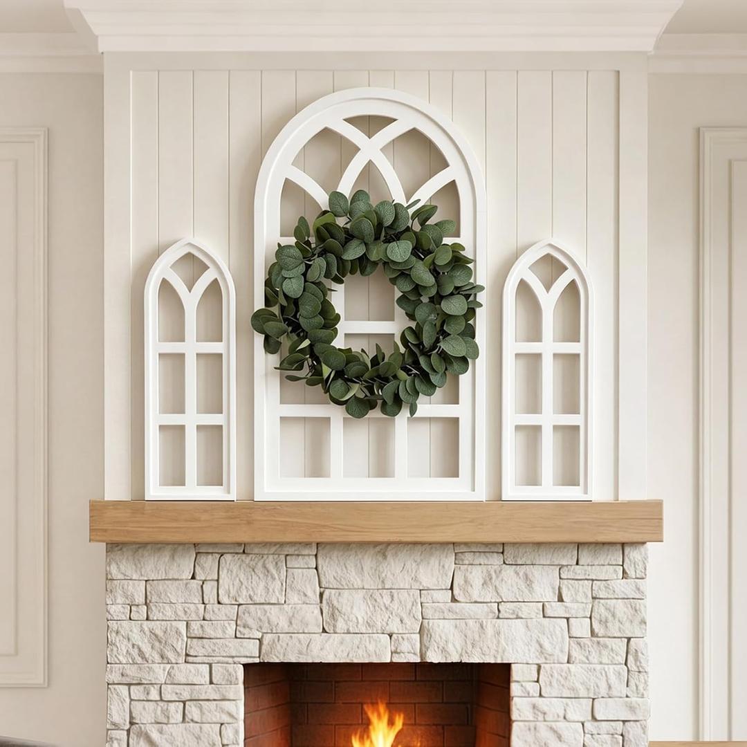 RattanView 4 Pcs Farmhouse Window Frames Wall Decor with Wreath,White, 31.5 x 17.3 inches