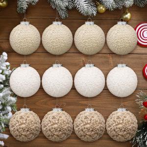 Soulchen12 Pcs 3.15 Inch Neutral Fur Christmas Ball Bulk Sherpa Christmas Tree Ornaments Round Hanging Decoration for Party Supplies Holiday Rustic Fireplace Mantel Home Wall Decor