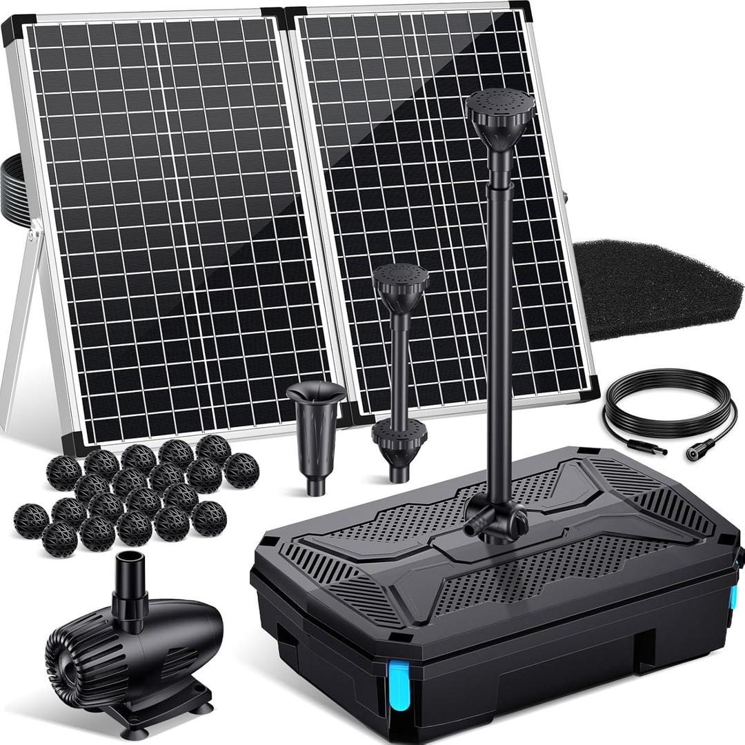 POPOSOAP 70W Solar Pond Filter with Fountain Pump, Solar Powered Water Pump with 580GPH Pond Filter for Outdoor Ponds, Adjustable Diverter Valve for Koi Ponds, Waterfalls, Garden Water Features P37039