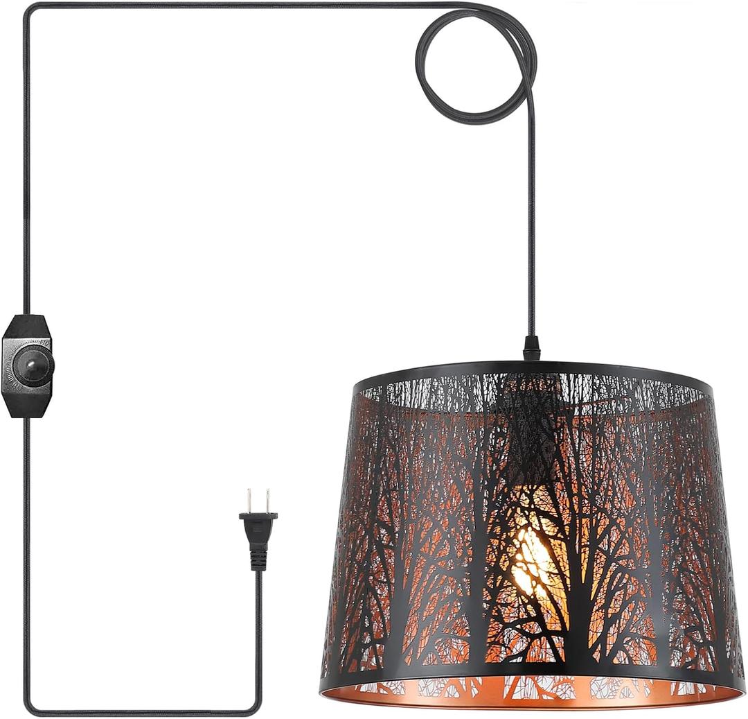 Modern Large Plug in Pendant Light with 14ft Handmade Woven Light Cord, Dimmable Switch Swag Lamp, Industrial Metal Lantern Hanging Lamp for Kitchen Island Dining Room Farmhouse, Gold and Black, Large 1 pack
