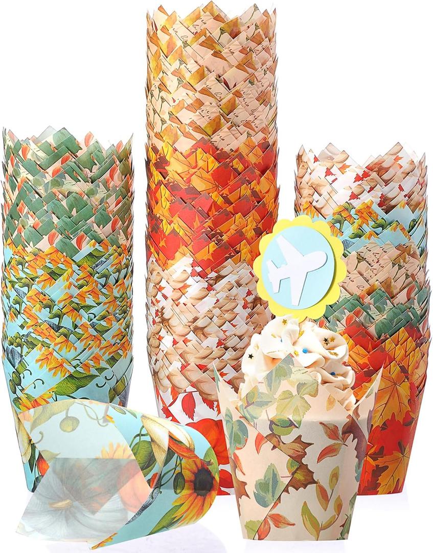 500 Counts Christmas Tulip Cupcake Liners Birthday Party Muffin Cupcake Baking Liners Grease Proof Cake Liner Holders for Fall Christmas Birthday Party(Maple)