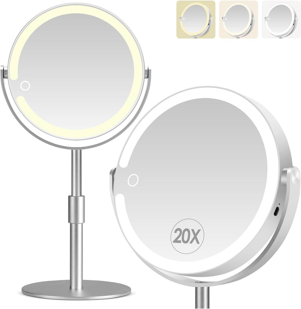 20X Magnifying Mirror with Light, Height Adjustable 2000mAh Makeup Mirror with Light, 3 Color Lights for Tabletop/Travel. Detachable Travel Makeup Mirror, Vanity Mirror for Bathroom, Silver