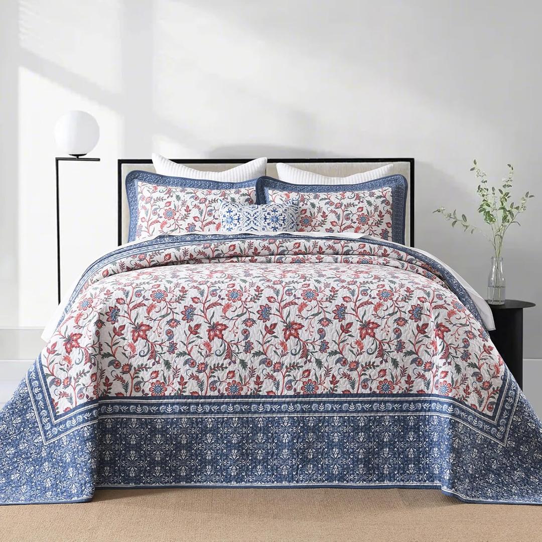 Oversized Queen Bedspreads 102"x120" - 100% Cotton Super King Quilt, Vintage Floral Pattern, Extra Large Lightweight Reversible Quilted Bedspread Coverlet, 3 Pcs, Blue/Red