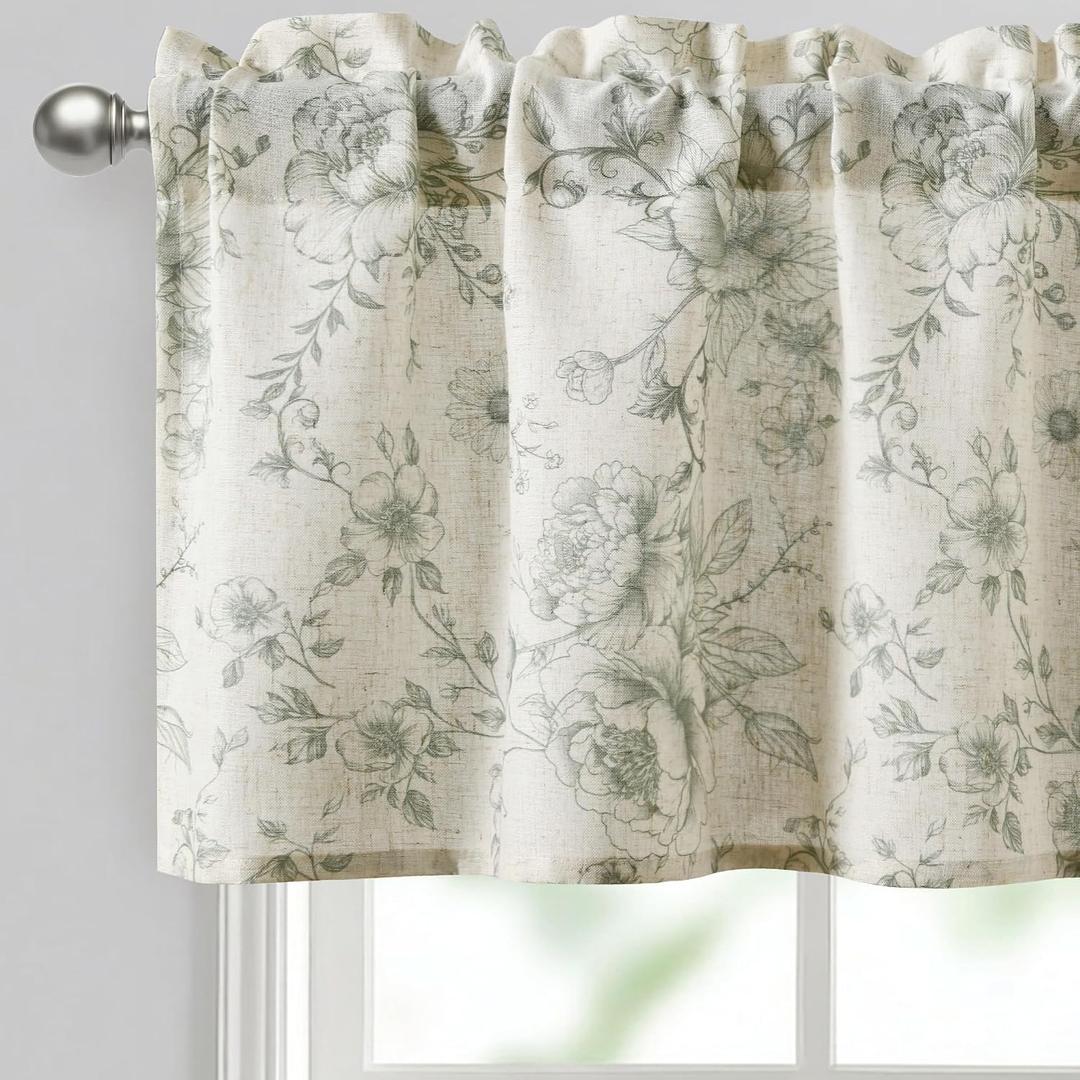 JIUZHEN Thick Textured Linen Floral Valance for Kitchen/Living Room/Bedroom Window, Rod Pocket French Farmhouse Light Filtering Valance Curtain, Green Peony Fragmented Flowers, 42 x 18 Inches, 1 Panel