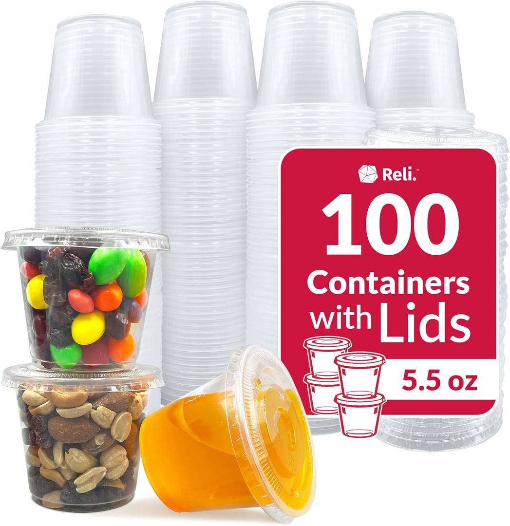 Reli. 5.5 oz Condiment Containers with Lids (100 sets) | Ideal for Sauce, Souffle, Samples, Jello Shot Cups | Disposable, BPA-Free Plastic | Small Containers 5.5oz, Bulk