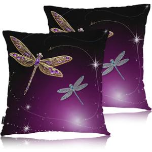 Swono Pillow Covers 18X18 Inch Set of 2 Dragonfly, Throw Pillow Cases Gold Silver Dragonflies Diamond Pillowcase Cushion Cover Decorative for Indoor Outdoor Home Sofa Bedroom Livingroom
