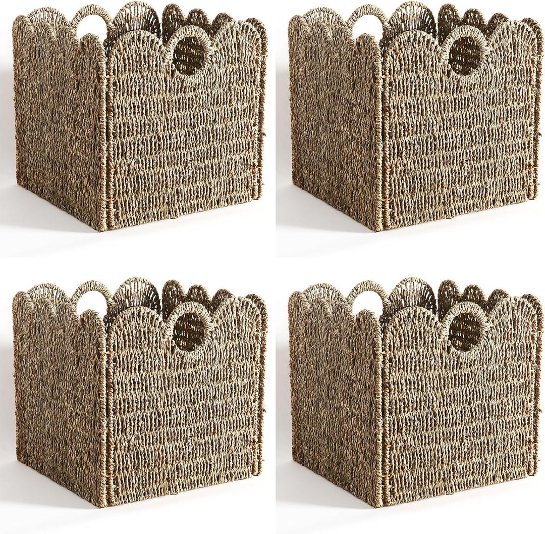 Scalloped Wicker Storage Cubes Basket, 12x12 Heavy Duty Paper rope/Hyacinth/Seagrass Baskets for Shelves, Foldable Natural Boho Square Bins (Seagrass, 12 x 12 x 12in, 4-Pack)