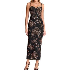 KUTUMAI Vintage Corset Long Formal Dress Lace Slit Back Bodycon Maxi Cocktail Wedding Guest Dresses for Women Elegant (Brown, S)