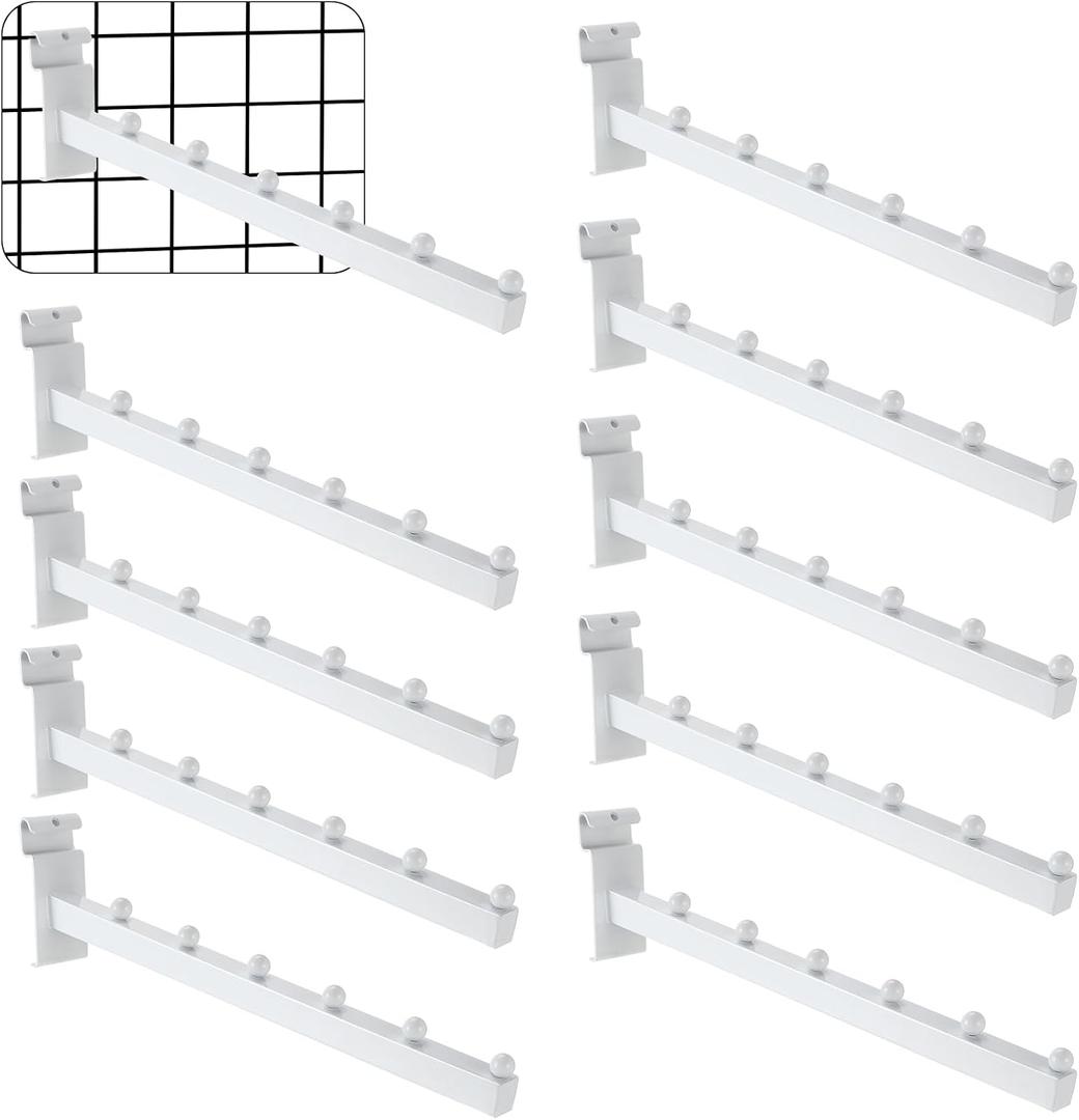 Zonon 10 Pcs 6 Ball Gridwall Waterfall Hooks 12 Inch Gridwall Clothes Hanger Grid Wall Waterfall Faceout Hooks Grid Wall Accessories for Garment Displaying Retail Shirt Home Garage, White