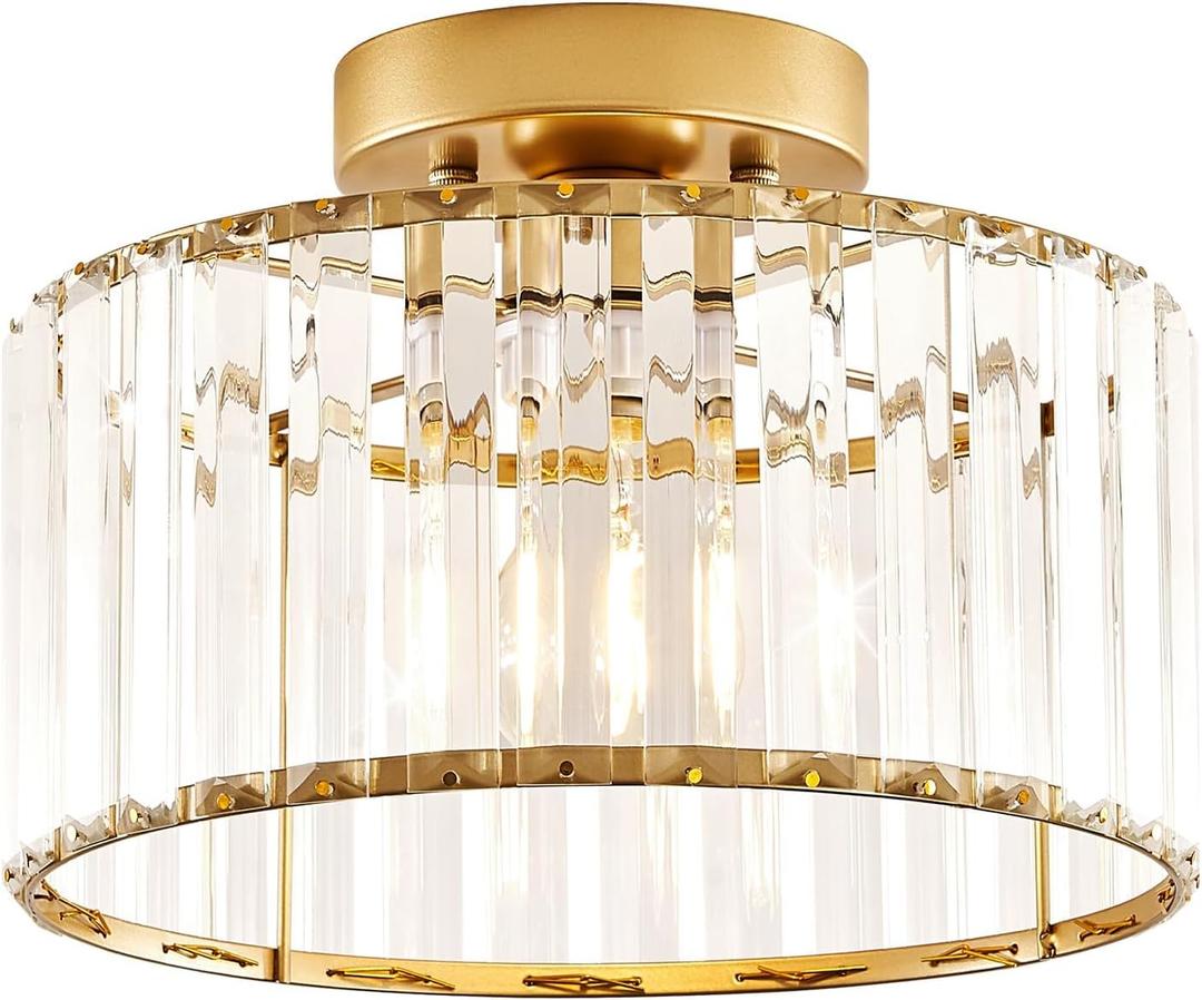Crystal Gold Semi Flush Mount Ceiling Light Modern Hallway Light Fixture Metal Close to Ceiling Lamp for Kitchen Living Room Bathroom Entryway Bedroom(10.63 inch) (27CM)