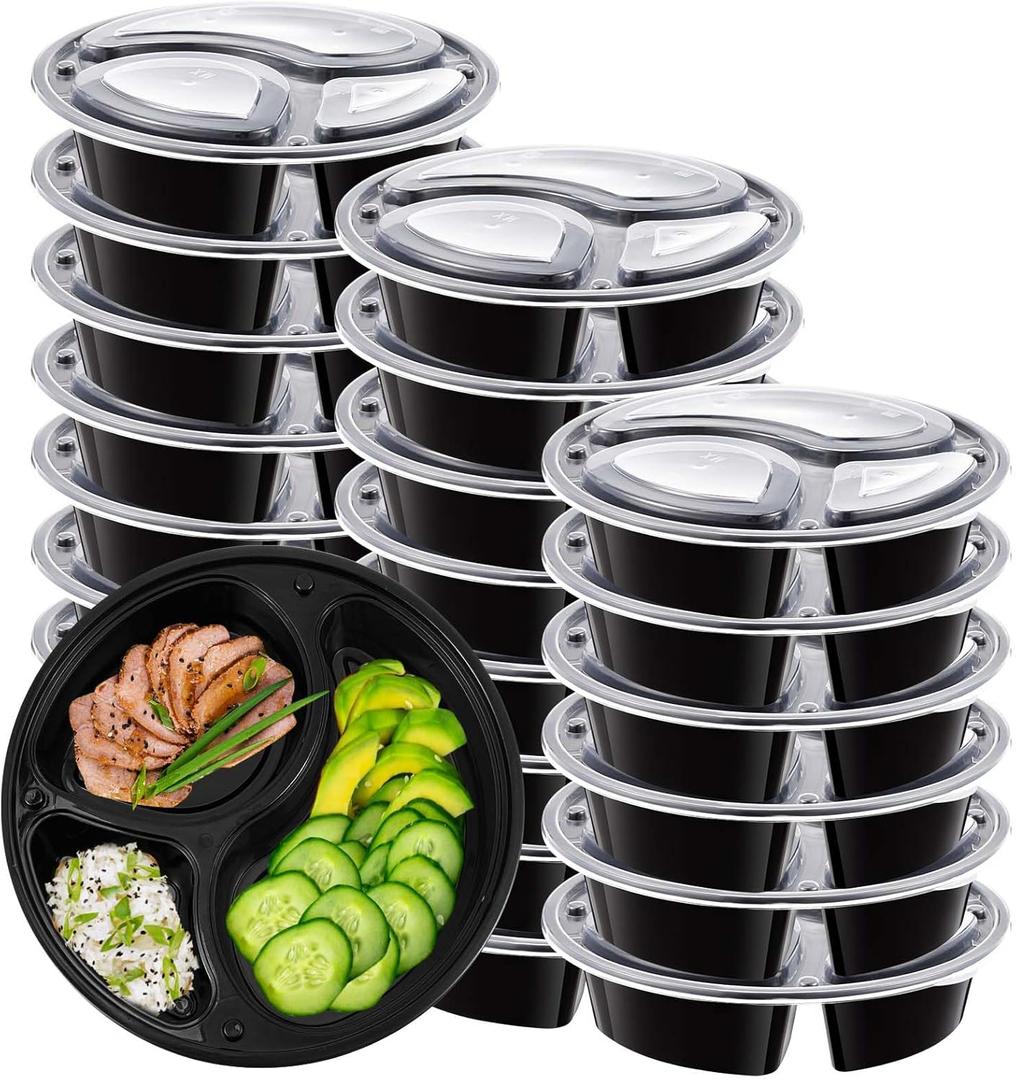 25 Pack Meal Prep Containers Reusable 34 oz 3 Compartment Divided Food Containers with Lids Plastic Stackable Portion Control Bowls for Microwave, Dishwasher, Freezer Safe