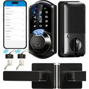 Veise VE07-L Fingerprint Smart Locks for Front Door with 2 Lever Handle Set, App Control, Keyless Entry, Electronic Digital Keypad Deadbolt, Auto Lock, Waterproof, Easy to Install, Matte Black