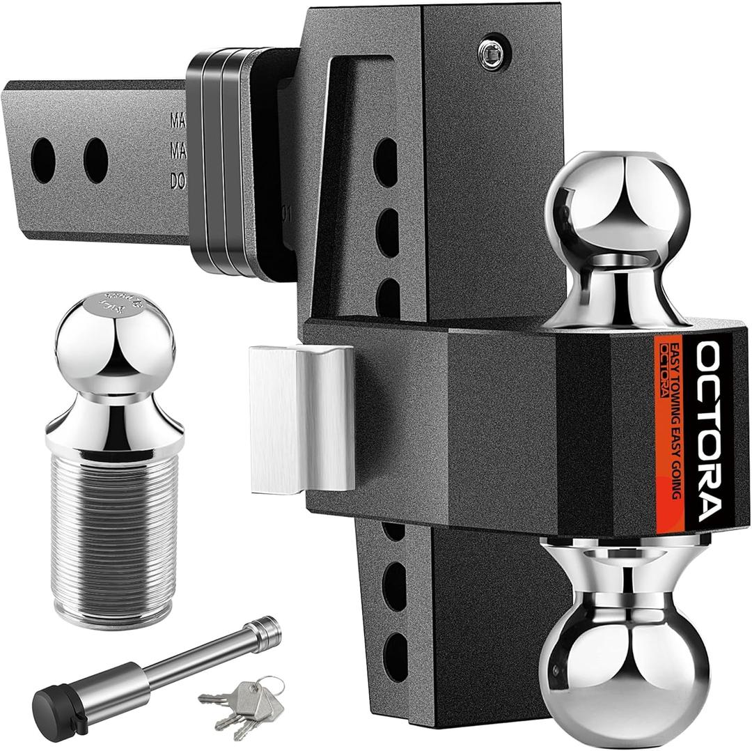 Aluminum Tri-Ball Adjustable Trailer Hitch (Fits 2-Inch Receiver) - Tow Hitch with 6-Inch Drop/Rise for Truck (12,500 LBS GTW) - Anti-Rattle Drop Hitch (Blk) (Black)