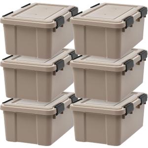 IRIS USA 6-Pack WeatherPro Gasket Box, 19 Quart Weather Resistant Storage Bins with Latching Lids, Heavy Duty Organizing Containers for Closet, Bathroom, and Office - Tan