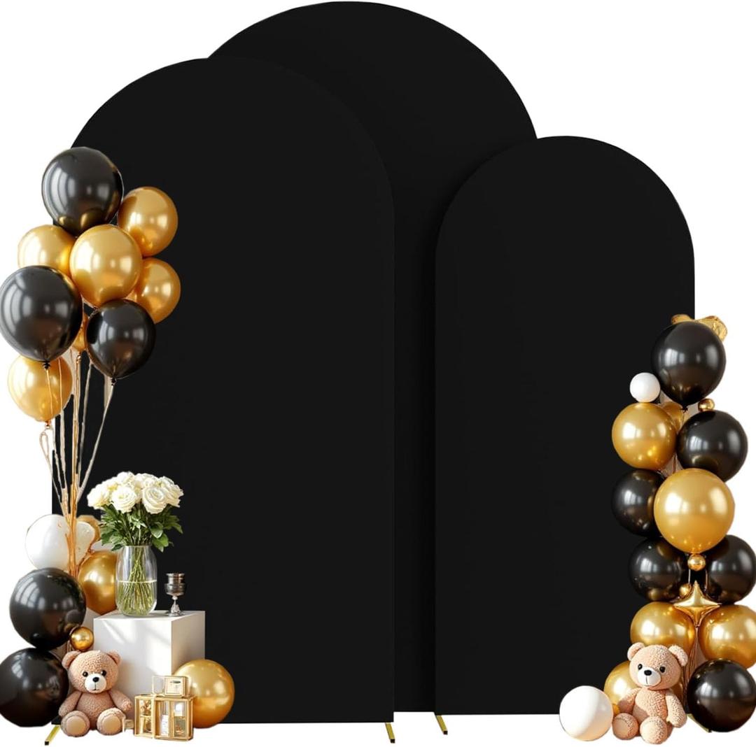 Wedding Arch Cover (7.2FT, 6.6FT, 6FT) Set of 3 Arch Backdrop Spandex Cover for Birthday Party Baby Shower Ceremony Banquet Decoration (Black, 7.2FT,6.6FT,6FT)