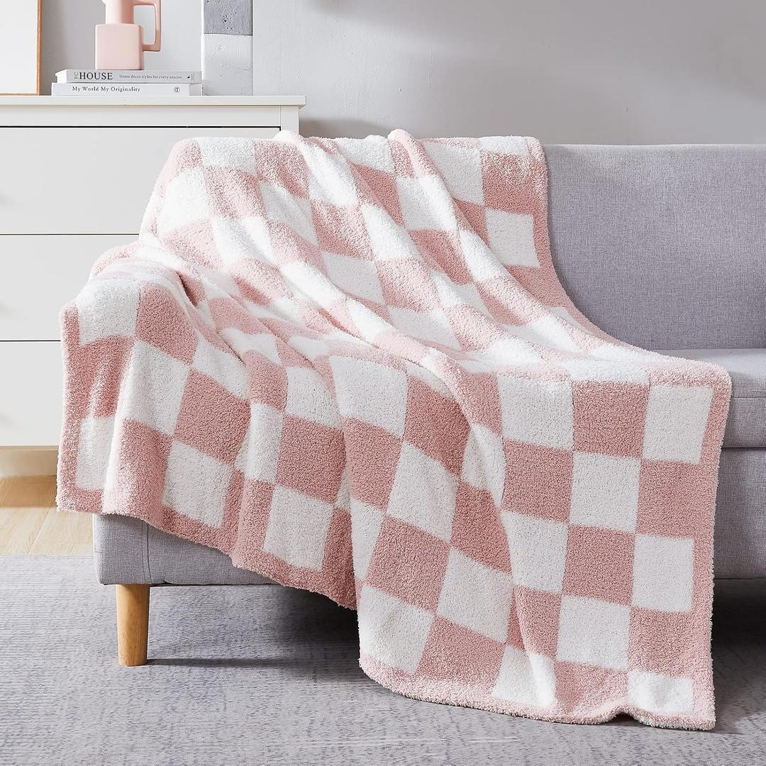 WRENSONGE Checkered Throw Blanket, Pink Soft Cozy Fluffy Warm Hand Made Throw Blankets for Couch, Sofa, Chair, Bed, Camping, Picnic, Travel Lightweight Bed Blankets for Women Mothers Birthday Gifts (Throw-XL(50"x 70"))
