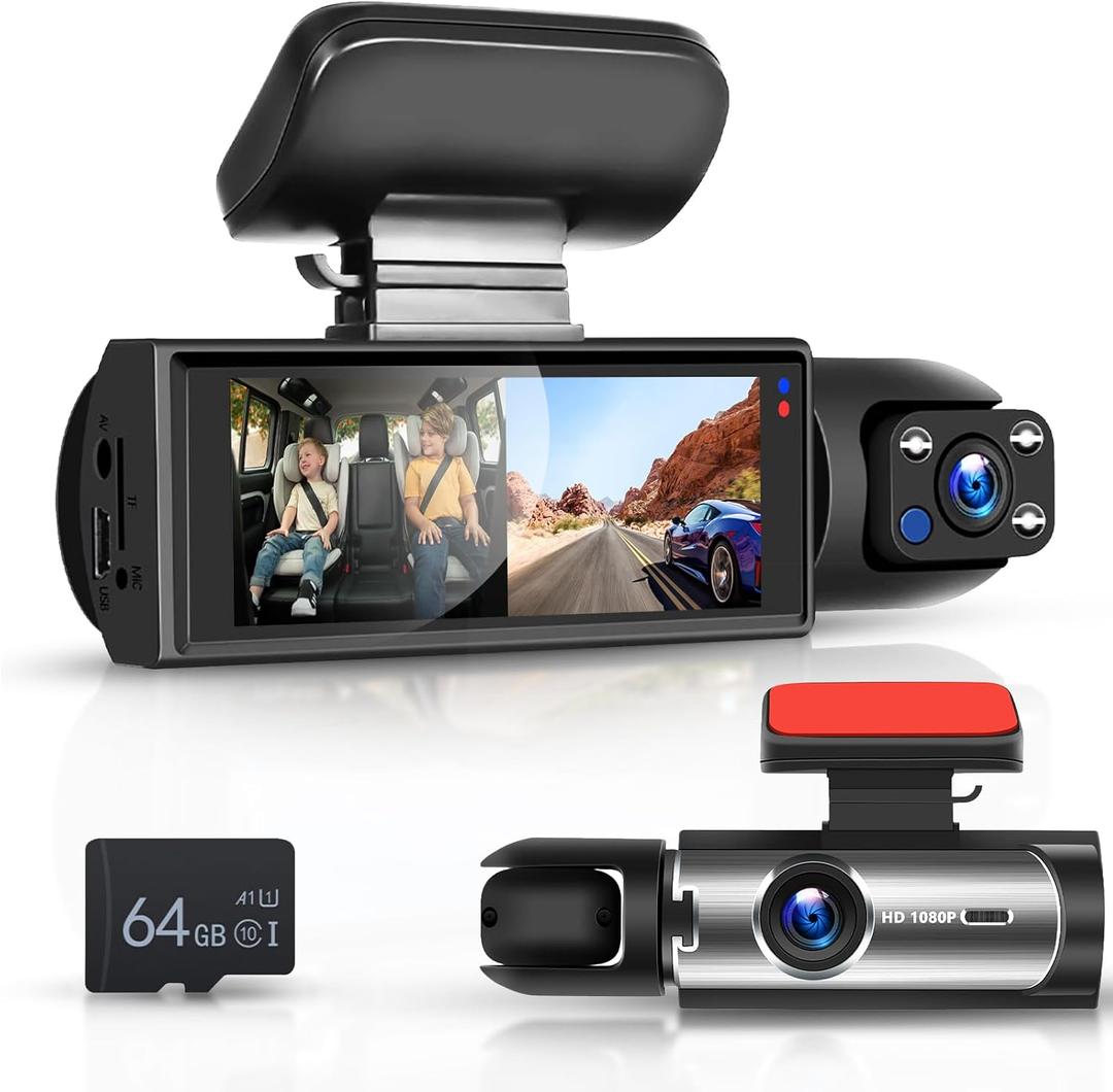 Dash Cam Front and Rear, 1080P+1080P HD Dual Dash Camera for Cars, Car Camera with 3.16" IPS Screen, Built in G-Sensor, 150 Wide Angle, Loop Recording, 24H Parking Monitor, Night Vision,64GB Card