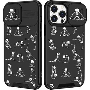 (2in1 for iPhone 12 Pro Max Case Skull for Women Cute Skeleton Yoga Phone Cover Funny Ghost Horror Design with Slide Camera Cover Protective Cool Black Teen Cases for iPhone 12 ProMax 6.7''