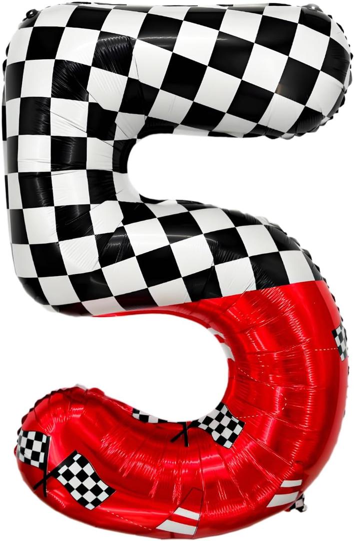 Minyu racing-themed number foil balloons, featuring a black and white checkered flag design with red racing car elements, suitable for birthday party decorations and motorsport party supplies. (5)