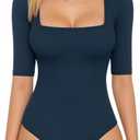 MANGOPOP Women'S Half Sleeve Bodysuit Square Neck 3/4 Sleeve Body Suits Dressy Fitted Going Out Tops, XL