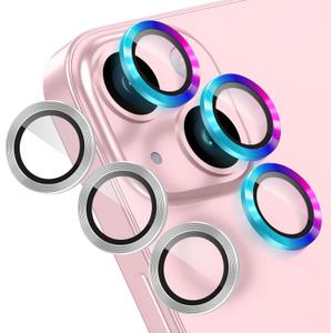 AGVEE 3+3 6 Pack for iPhone 15 6.1" / 15 Plus 6.7" Camera Lens Cover Protector, Metal Ring 9H Tempered HD Glass Camera Cover Protector Film, Silver