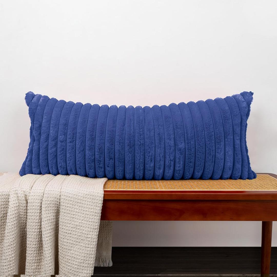 Faux Fur Lumbar Pillow Cover 14 x 36 inch, Dark Blue Throw Pillow Cover Luxurious Soft Couch Cover Case Home Decor for Sofa Bed Living Room, ONLY 1 Cover