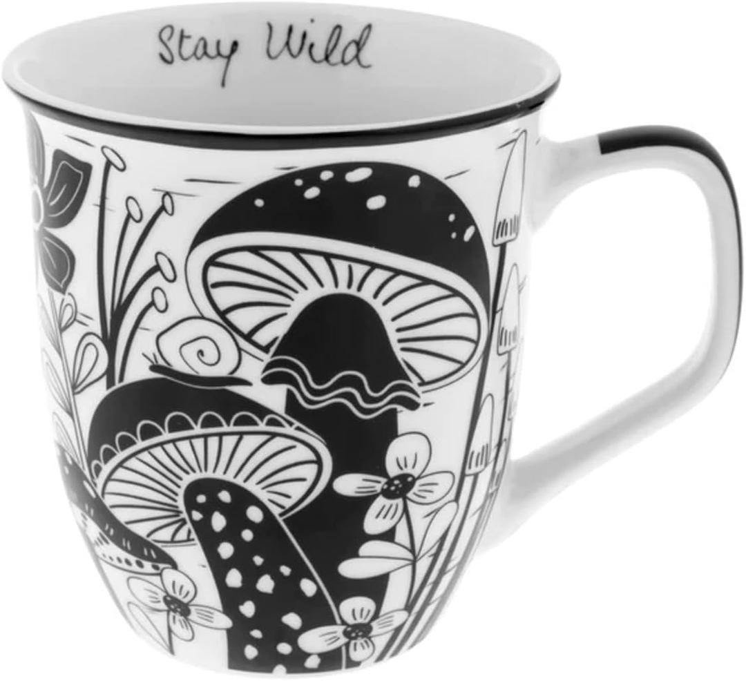Karma Gifts 14 oz Black and White Boho Mug Mushroom - Cute Coffee and Tea Mug - Ceramic Coffee Mugs for Women and Men (14 Ounces)