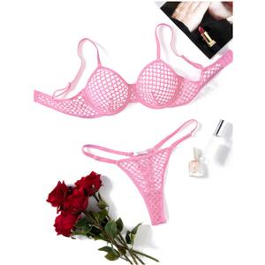 Avidlove Fishnet Lingerie Set Hollow Out Push Up Bra and Sheer Thong Women's Sexy Lingerie Underwear 2 Piece (Large, Deep Pink)