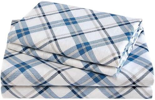 Comfort Spaces Cotton Flannel Breathable Warm Deep Pocket Sheets with Pillow Case Bedding, Queen, Blue Plaid 4 Piece