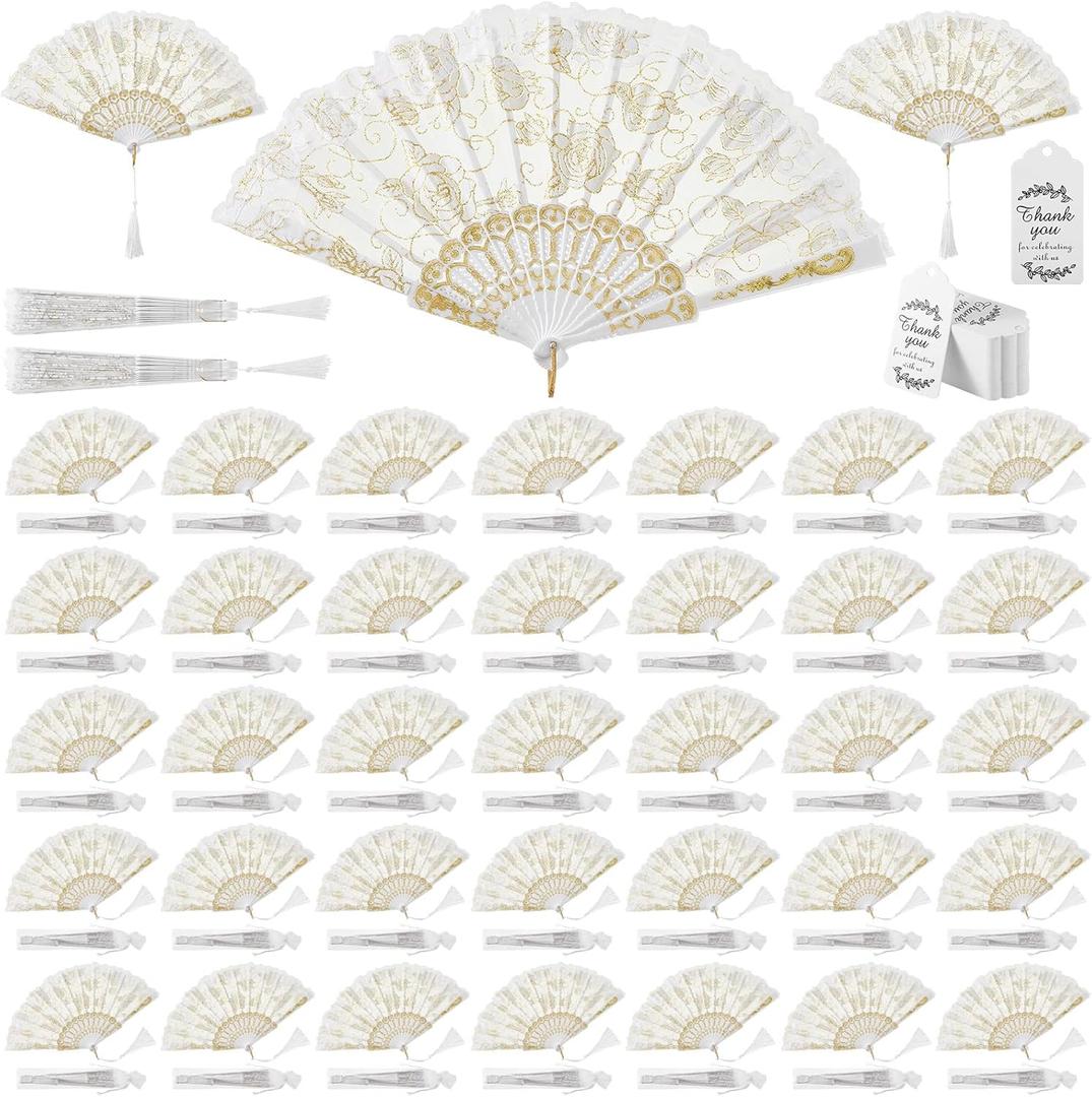 100 Pieces Rose Lace Floral Folding Hand Fans Chinese Retro Folding Fan White Hand Fans for Wedding Guests Women Foldable Handheld Bridal Dancing Props with Organza Bags Tassels Tags for Party Favors
