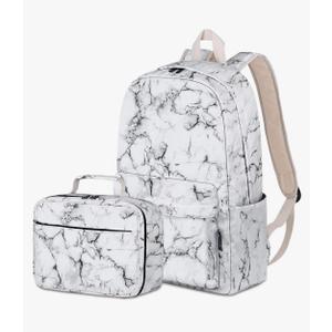 Airyard School Backpack for Girls, Water Resistant Bookbag for Teen Girls Womens Backpack with Lunch Bag (Marble White)