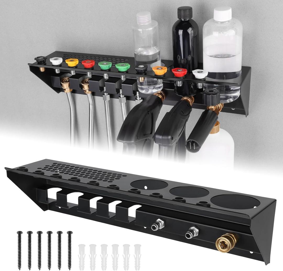 Pressure Washer Gun & Foam Cannon Holder with 1/4 Inch Quick Connector, Wall-Mounted Nozzle Tip & Extension Wand Organizer for Pressure Washer Parts & Accessories