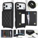 for iPhone 17 Pro Max Case with Card Holder and Strap for Women,Crossbody Lanyard, Make Up Mirror,Snap Clasp,Cute Phone Wallet Cases 6.9 inch - Black