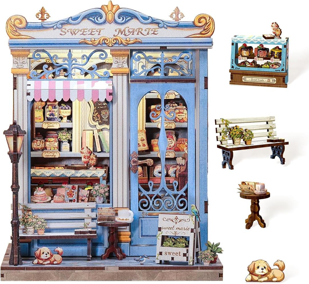 Cutefun Book Nook Kit - DIY Miniature House Kit for Adults and Teens, 3D Wooden Puzzle Mini House Building Kit with LED, Dollhouse Kit Bookshelf Insert Decor Creative Gifts (Sweet Marie)