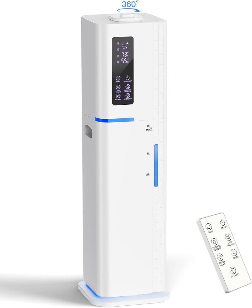 10L/2.64Gal Humidifiers for Bedroom, Top Fill Quiet Ultrasonic Cool Mist Humidifier Large Room, Covers 550ft, 60H Runtime, 24H Timer, 3 Mist Modes Humidifiers for Home, Office, Plants, White