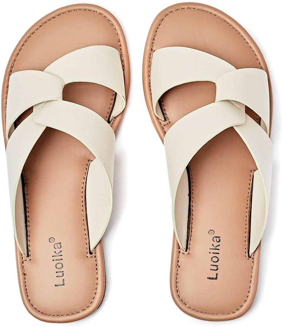 Luoika Women's Wide Width Flat Slides Sandals, Strappy Slide Sandal Slip-on Dressy Summer Shoes for Women, 8.5 