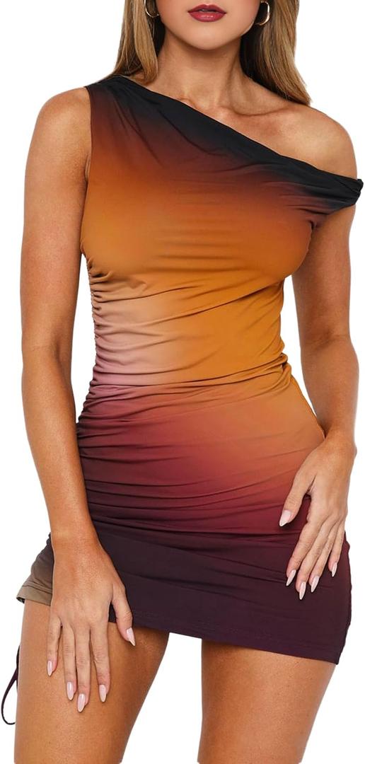 ABMOIU Women's Sexy Off Shoulder Bodycon Mini Dress 2026 Summer Printed Ruched Dresses Party Club Outfits (Brown, S)