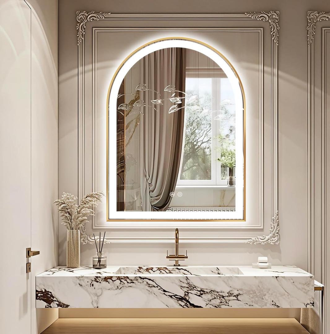 Arched LED Bathroom Mirror, 40"x30" LED Mirror with Frontlit, Arch Backlit Mirrors Gold Framed Anti-Fog, 3 Colors, Dimmable, Adjustable Brightness, Waterproof, UL Listed