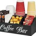 Coffee Bar Organzier, 5 Compartment Wood Countertop Storage Holder for Cups Lids Pods Syrups, Coffee Station Accessories Tea Storage Basket Condiment Organizer