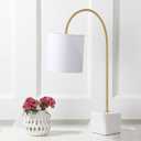 JONATHAN Y 25" Marble and Brass Gold Modern Arched Table Lamp, Contemporary Iron Desk Lamp with White Linen Drum Shade for Bedroom Living Room, LED Bulb Included JYL5023A