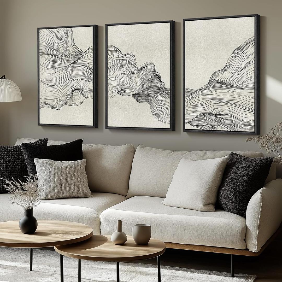 Framed Black and Beige Abstract Wall Art, 3 Piece Modern Canvas Prints Paintings Artwork for Walls, Minimalist Abstract Line Pictures for Living Room Dining Room Bedroom Office Wall Decor 16x24 In (Flowing)
