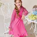 Haloumoning Girls Contrast Mesh Long Sleeve High Waist A Line Short Dress with Pockets 10-12 Years