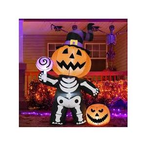 6FT Halloween Outdoor inflatables Decorations,Blow Up Skeleton & Pumpkin Decor, Built-in LED Lights,for Indoor Outdoor Yard Lawn Garden Halloween Party Decoration