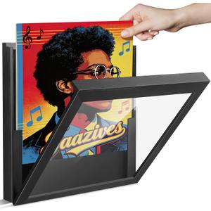 tutata Vinyl Record Frame, Wall-Mounted Record Album Frame, Front-Opening Record Shadow Box, Holds Up to 8 Albums, for 12x12 Inch LP Album Cover, Black