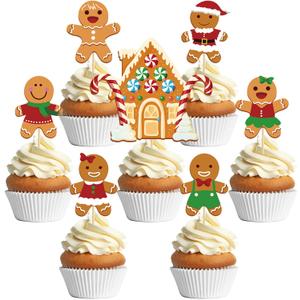 AnyDesign 48Pcs Christmas Cupcake Toppers with Sticks and Glue Point 7 Design Gingerbread Man Cupcake Toppers Cute Xmas Food Picks for Christmas Birthday Party Supplies Dessert Decorations
