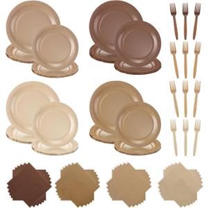 FoldTier 96 Pcs Brown Gradient Disposable Party Plate Set for 24 Guests 9" & 7" Neutral Paper Plate Cocktail Napkin Plastic Forks Boho Dinnerware for Birthday Farmhouse Wedding Baby Shower Tea Party