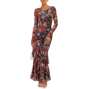ZESICA Women's Spring Floral Wedding Guest Bodycon Dresses 2026 Long Sleeve Crewneck Mesh Ruffle Mermaid Party Maxi Dress Floral Black, Medium